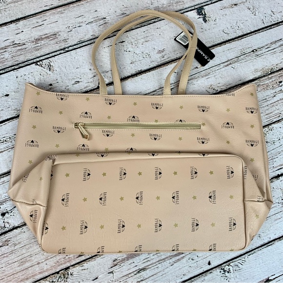 NWT Rampage Wing Logo Shoulder Bag Tote Purse Carryall Roomy Almond Weekender - Picture 5 of 15